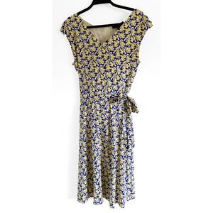 Max Mara Weekend Women's Blue Yellow Floral Printed V Neck Belted Midi Dress
